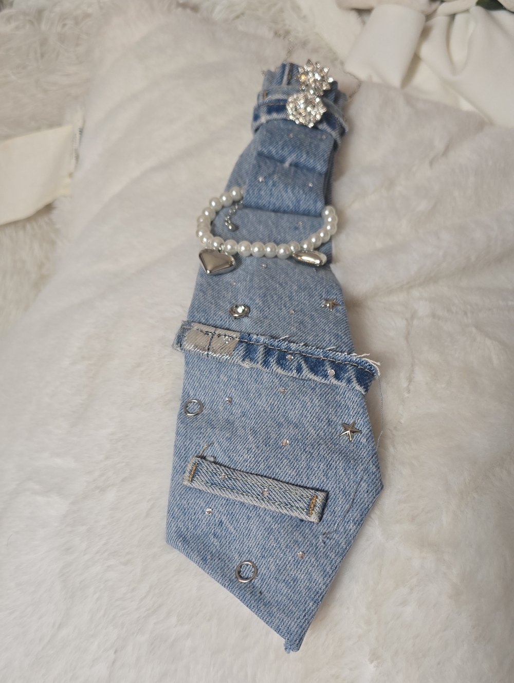Light Blue Denim Decorative Neck Tie with Pearl Accent